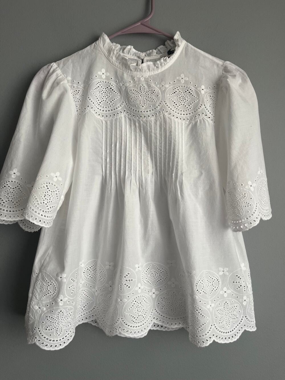 Madewell NWT Embroidered Pintuck High-Neck Top XXS White Eyelet Cotton Cottage - Picture 1 of 10